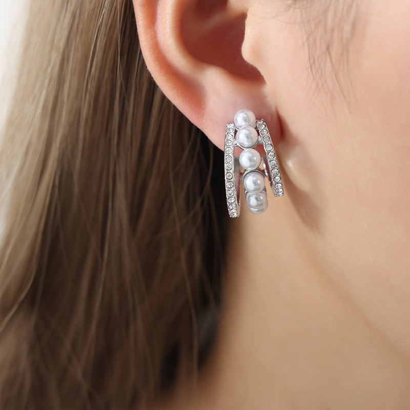 Stainless Steel Double Row Inlay Czech Diamond Pearl Hoop Earrings