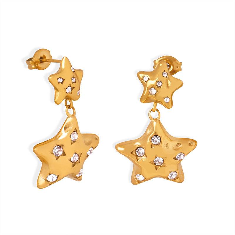 Stainless Steel Large and Small Star Inlay Czech Diamond Drop Earrings