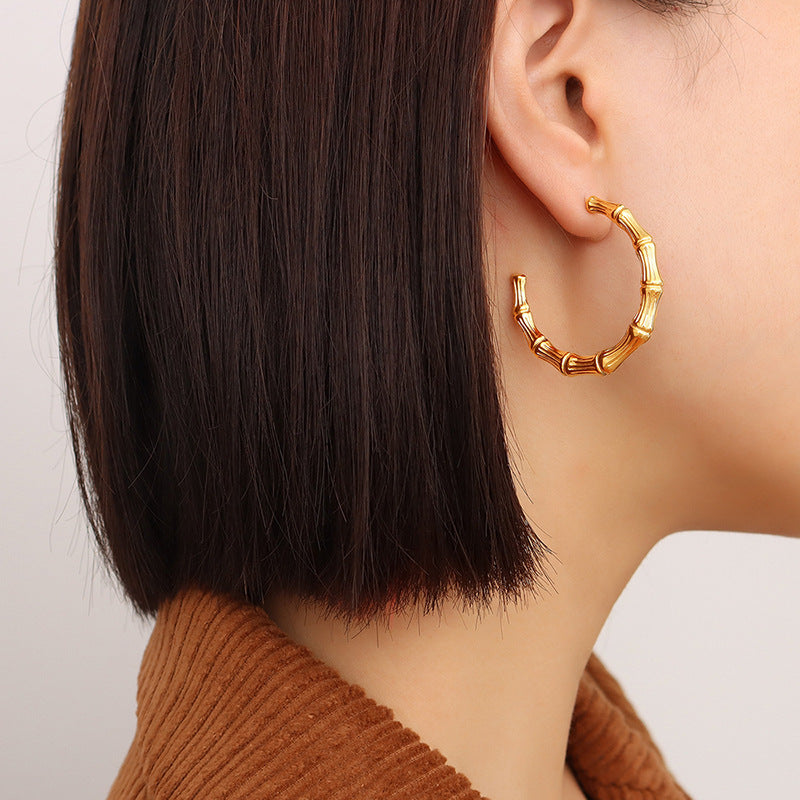 Stainless Steel Textured Bamboo Hoop Earrings