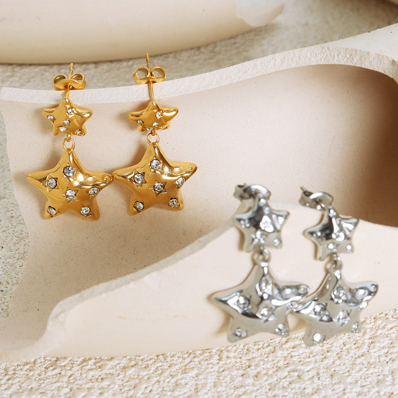 Stainless Steel Large and Small Star Inlay Czech Diamond Drop Earrings