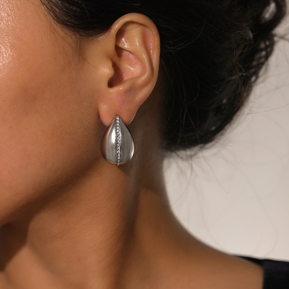 Stainless Steel Water Drop Shape Inlay Czech Diamond Hoop Earrings