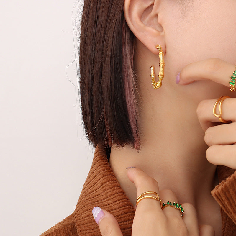 Stainless Steel Textured Bamboo Hoop Earrings