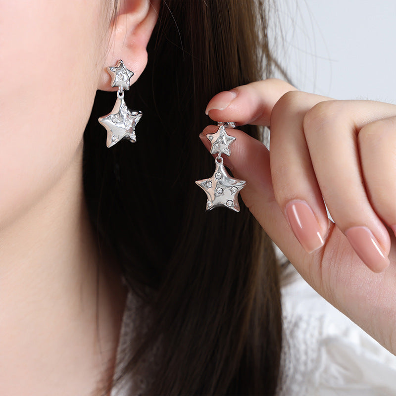 Stainless Steel Large and Small Star Inlay Czech Diamond Drop Earrings