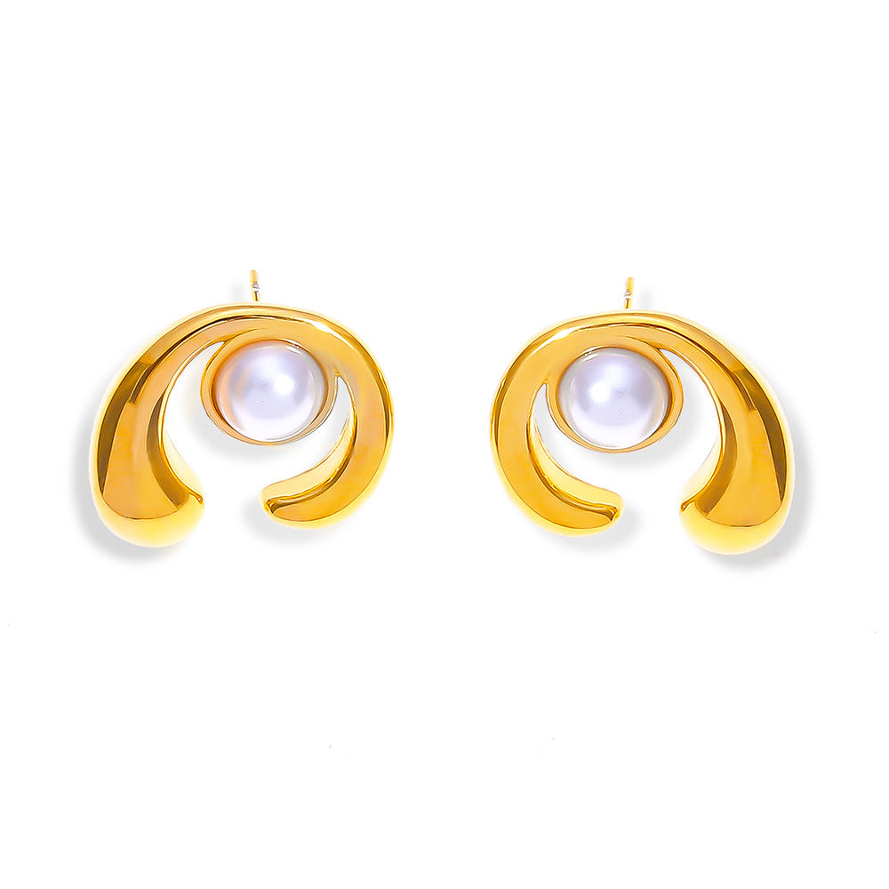 Stainless Steel C-shaped Inlay Imitation Pearls Stud Earrings