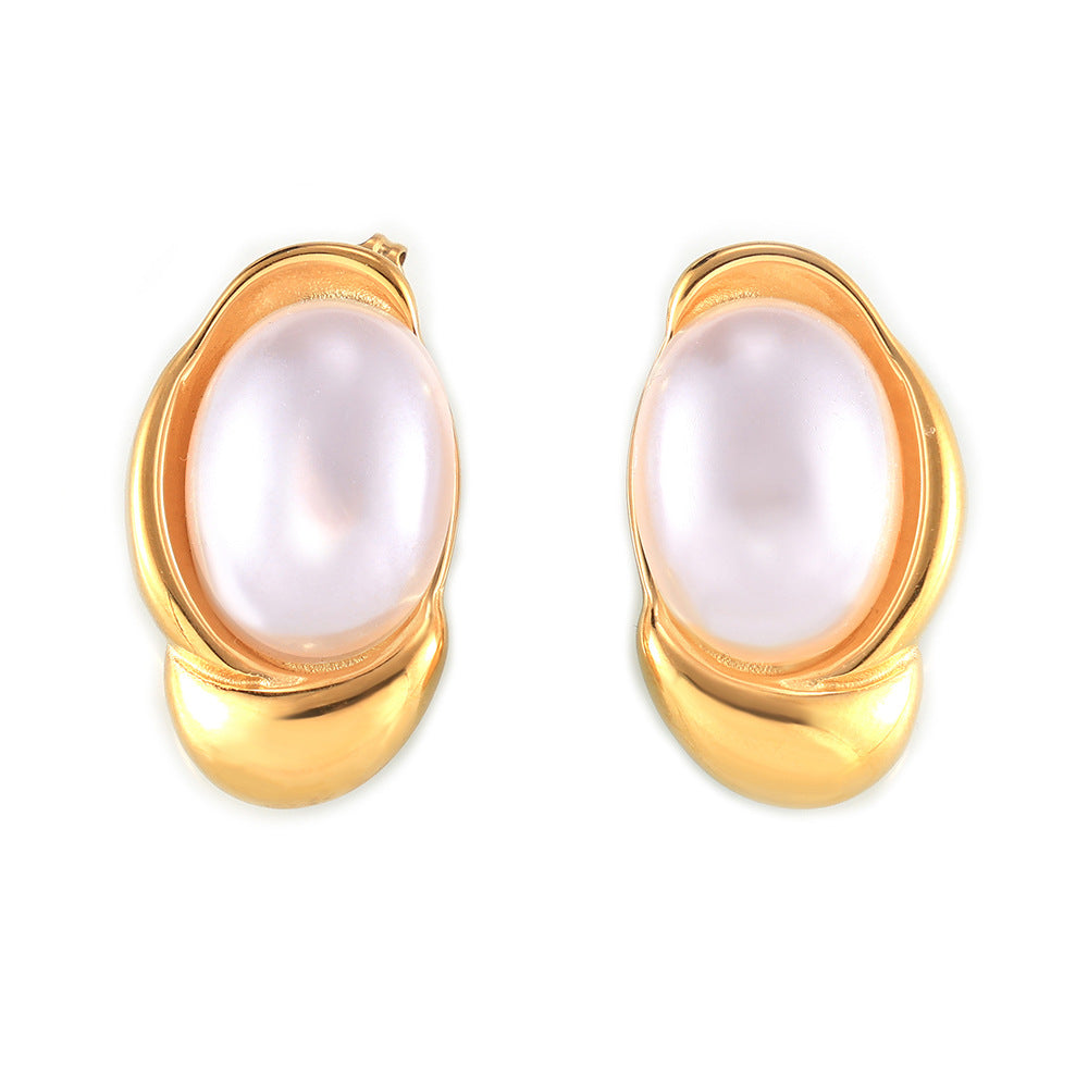 Stainless Steel Geometric Inlay Imitation Pearl Stud Earrings