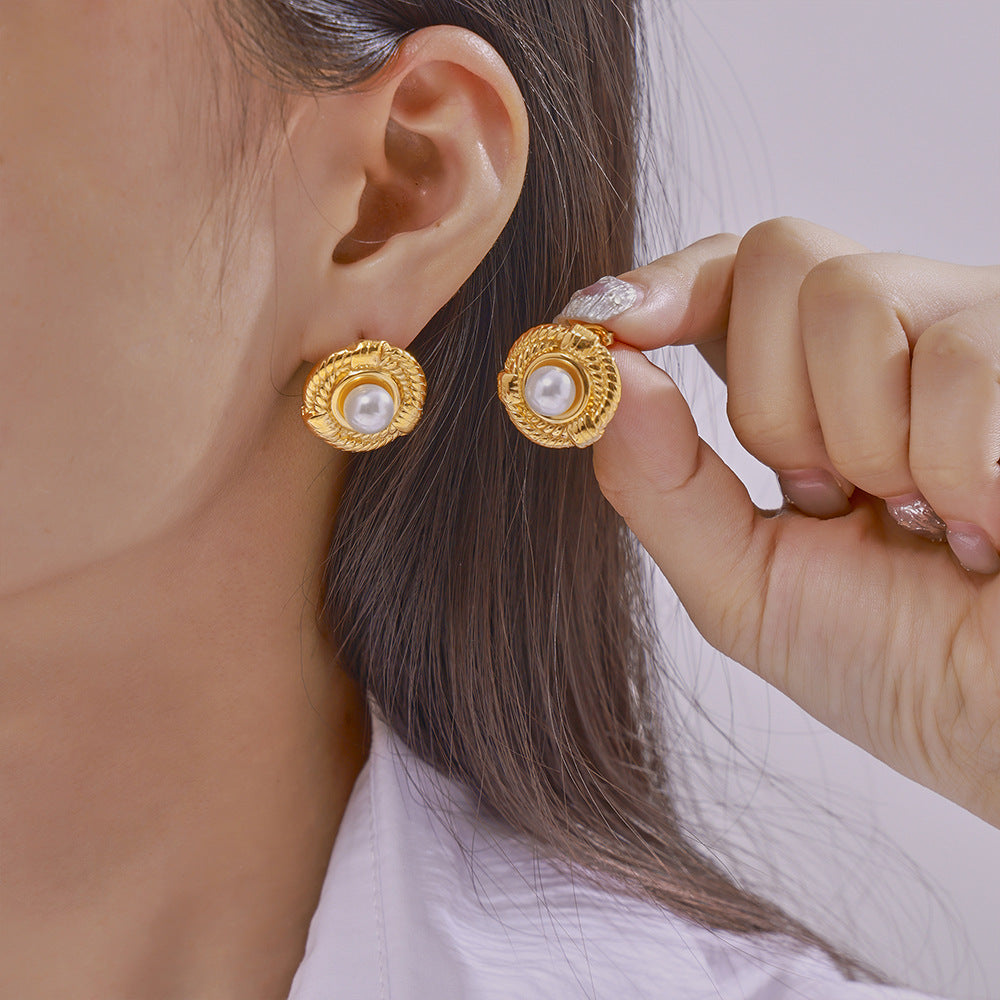Stainless Steel Geometric Twist Design Inlay Imitation Pearl Stud Earrings