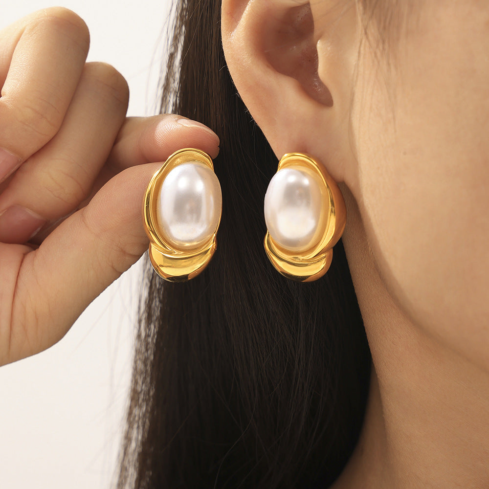 Stainless Steel Geometric Inlay Imitation Pearl Stud Earrings