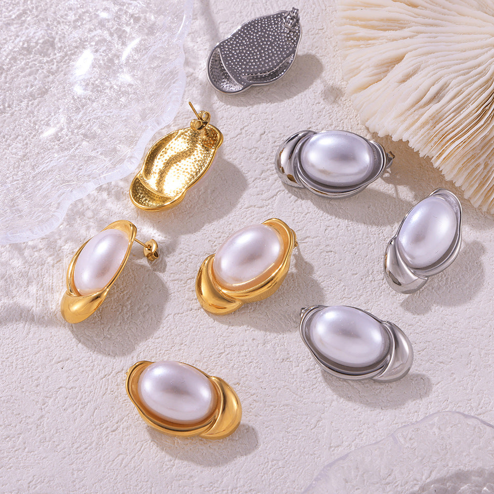 Stainless Steel Geometric Inlay Imitation Pearl Stud Earrings