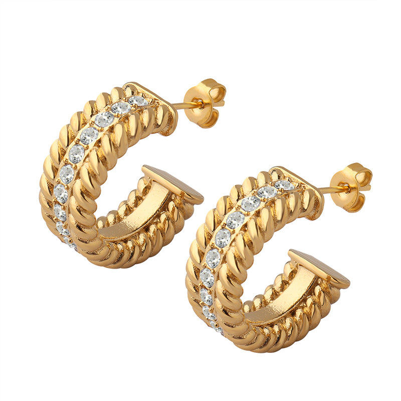 Double Threaded Middle Inlay CZ Stainless Steel Hoop Earrings