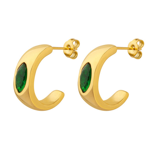Stainless Steel Inlay Green Cubic Zirconia Hoop Earrings