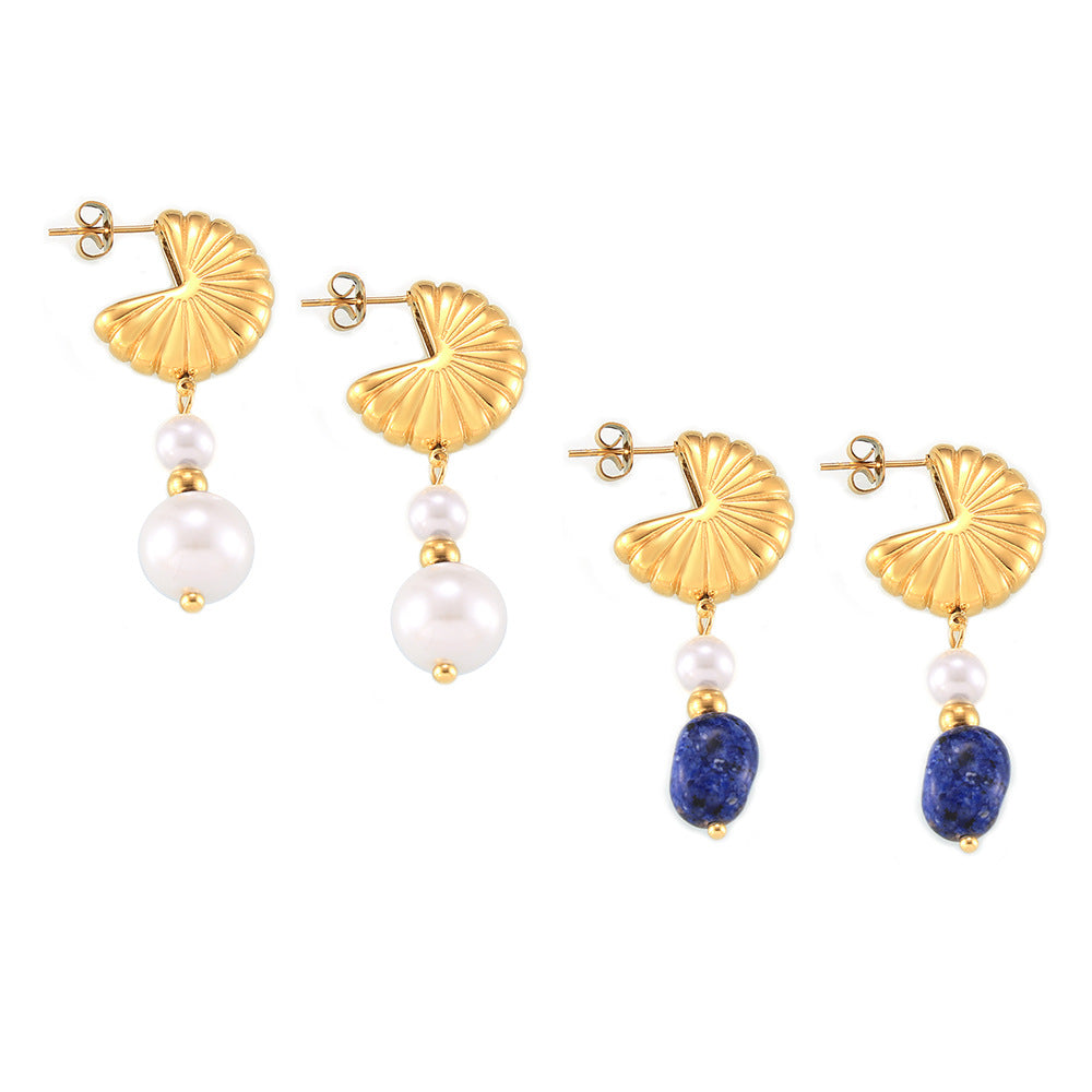 Stainless Steel Textured Fan Shaped Natural Stone Imitation Pearls Drop Earrings