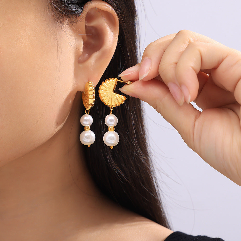 Stainless Steel Textured Fan Shaped Natural Stone Imitation Pearls Drop Earrings