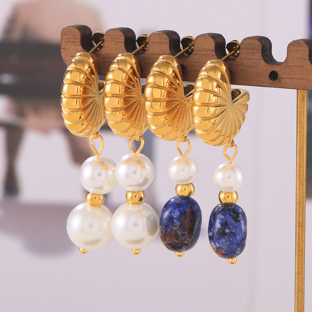 Stainless Steel Textured Fan Shaped Natural Stone Imitation Pearls Drop Earrings