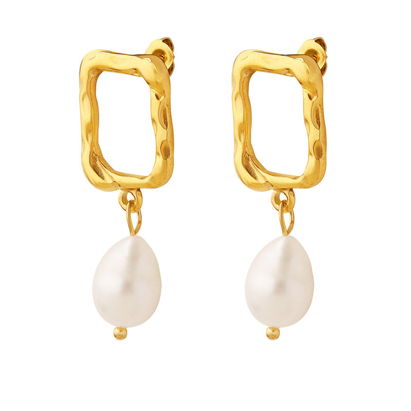 Stainless Steel Freshwater Pearl Irregular Square Drop Earrings