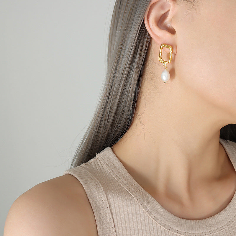 Stainless Steel Freshwater Pearl Irregular Square Drop Earrings
