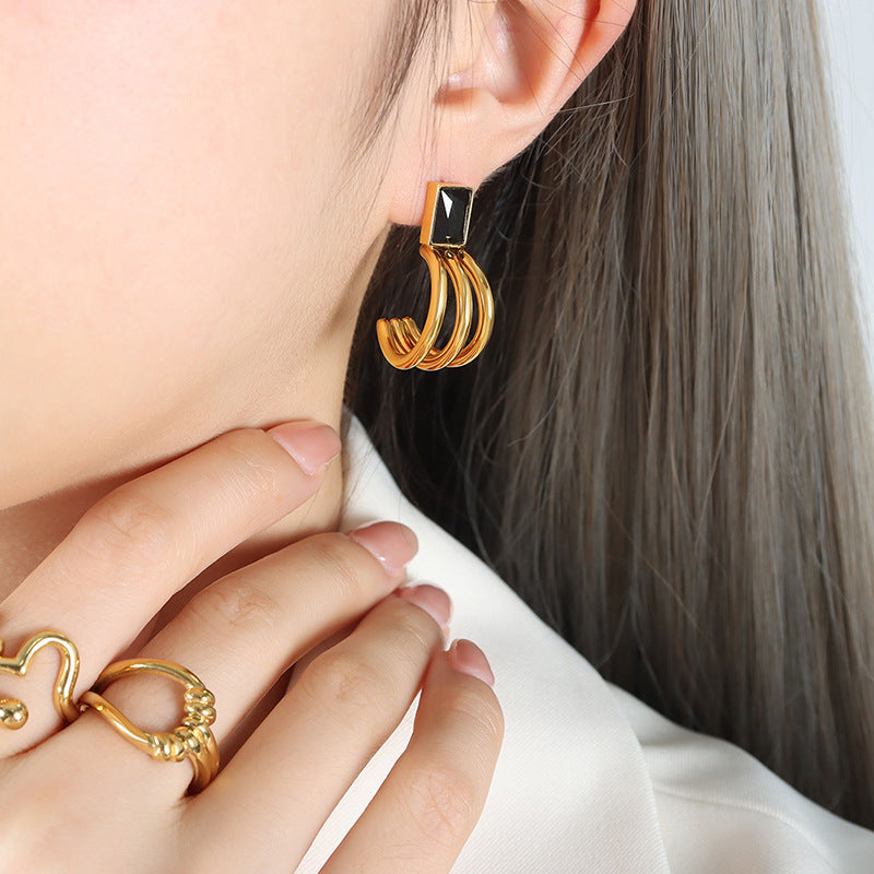 Square Glass Stone Three-Prong Hoop Earrings