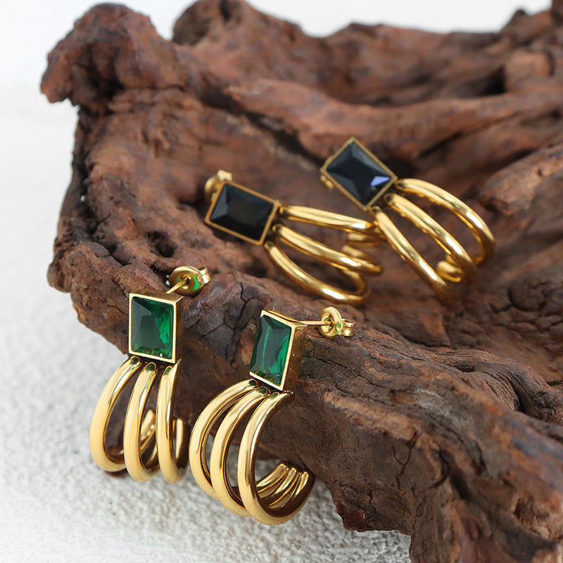 Square Glass Stone Three-Prong Hoop Earrings
