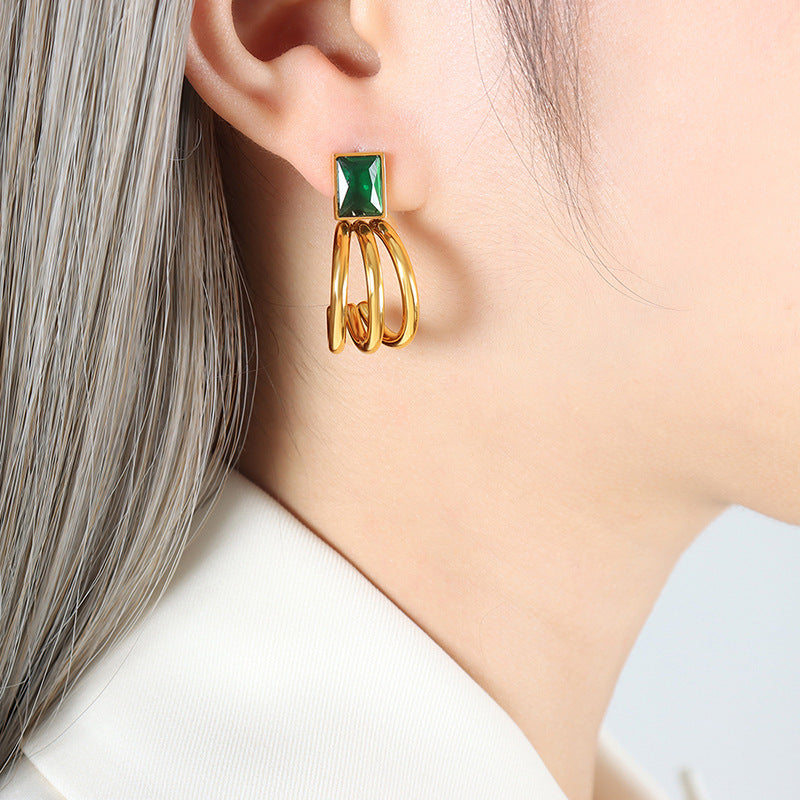 Square Glass Stone Three-Prong Hoop Earrings
