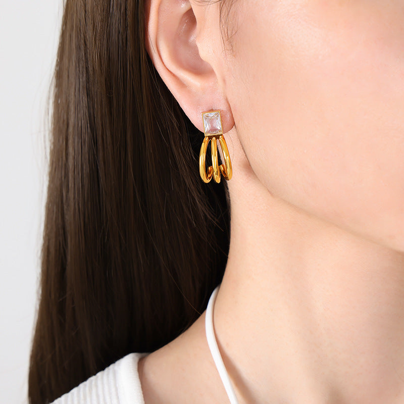 Square Glass Stone Three-Prong Hoop Earrings