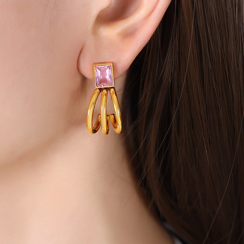 Square Glass Stone Three-Prong Hoop Earrings