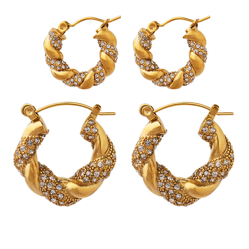 Stainless Steel Simple Twisted Shape Inlay CZ Hoop Earrings