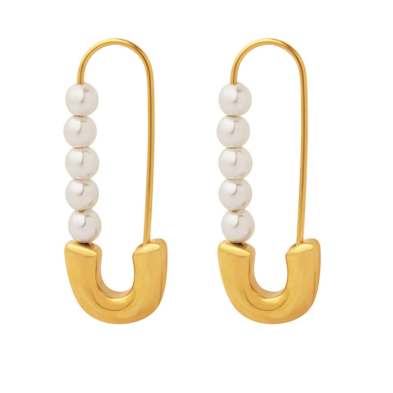 Stainless Steel Paper Clip Imitation Pearl Hoop Earrings