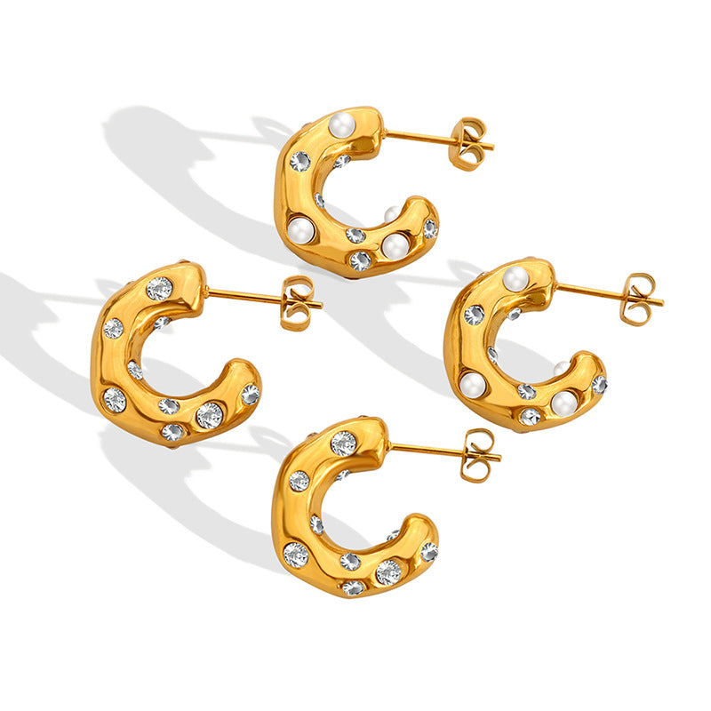 Stainless Steel Hoop Inlay CZ Imitation Pearl Earrings
