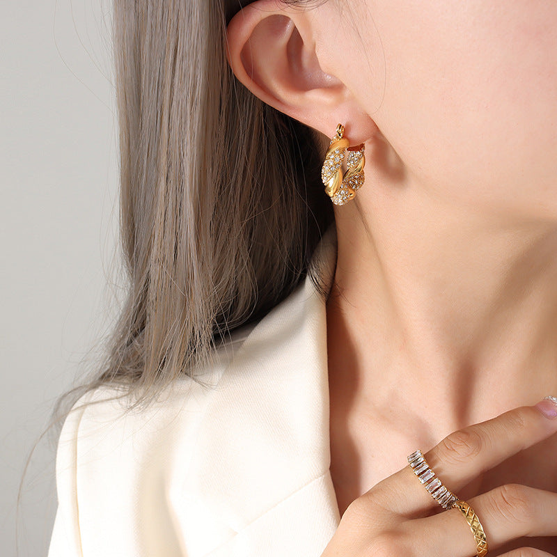 Stainless Steel Simple Twisted Shape Inlay CZ Hoop Earrings