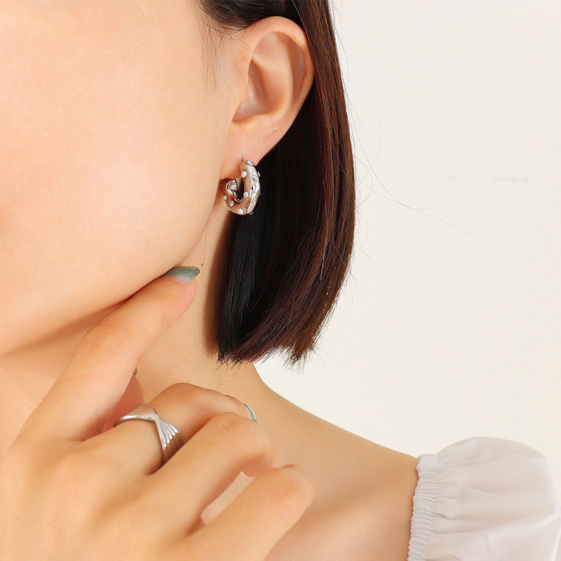 Stainless Steel Hoop Inlay CZ Imitation Pearl Earrings