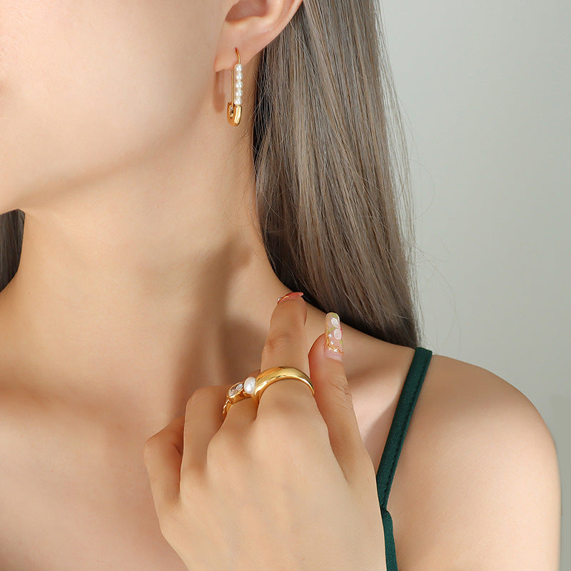 Stainless Steel Paper Clip Imitation Pearl Hoop Earrings