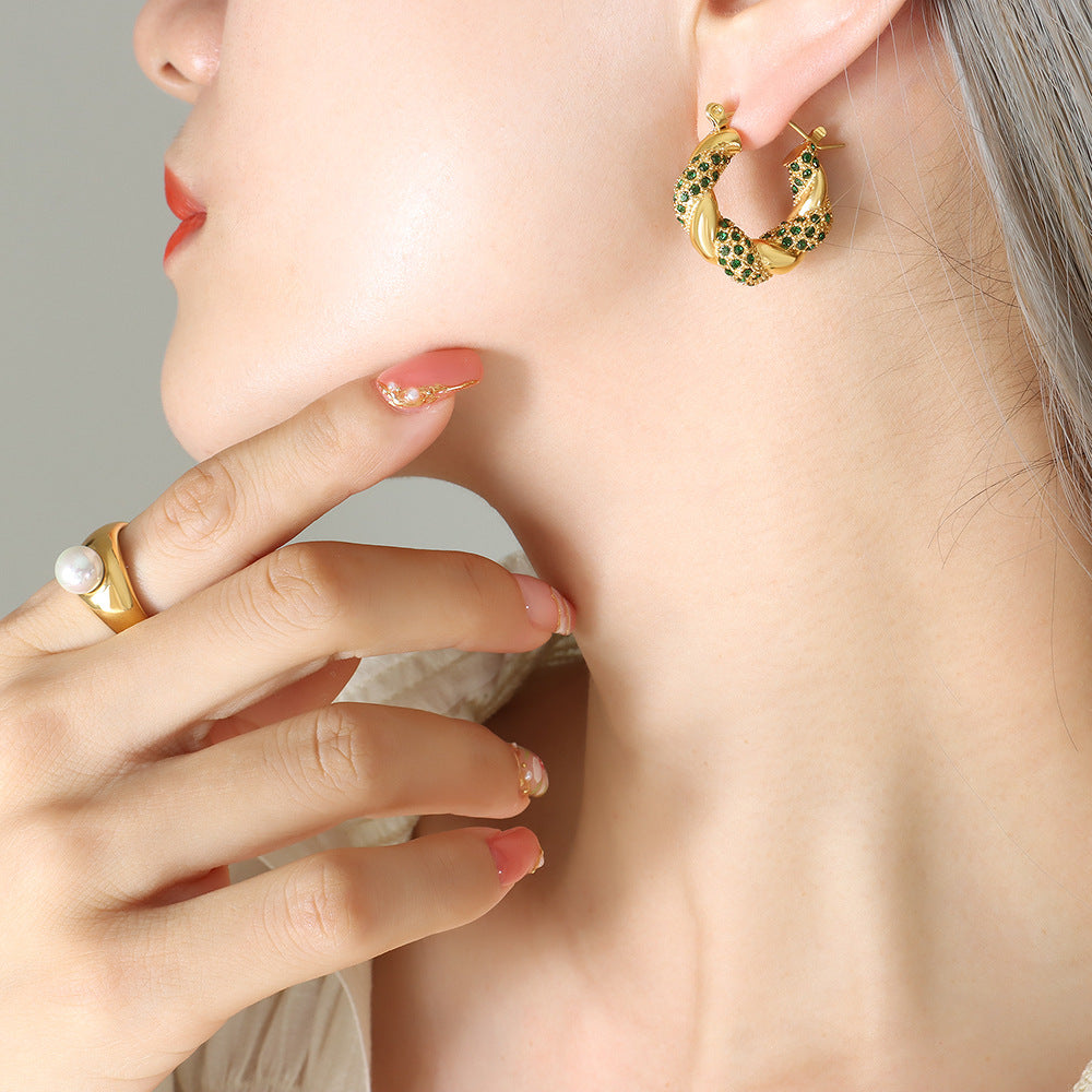 Stainless Steel Simple Twisted Shape Inlay CZ Hoop Earrings