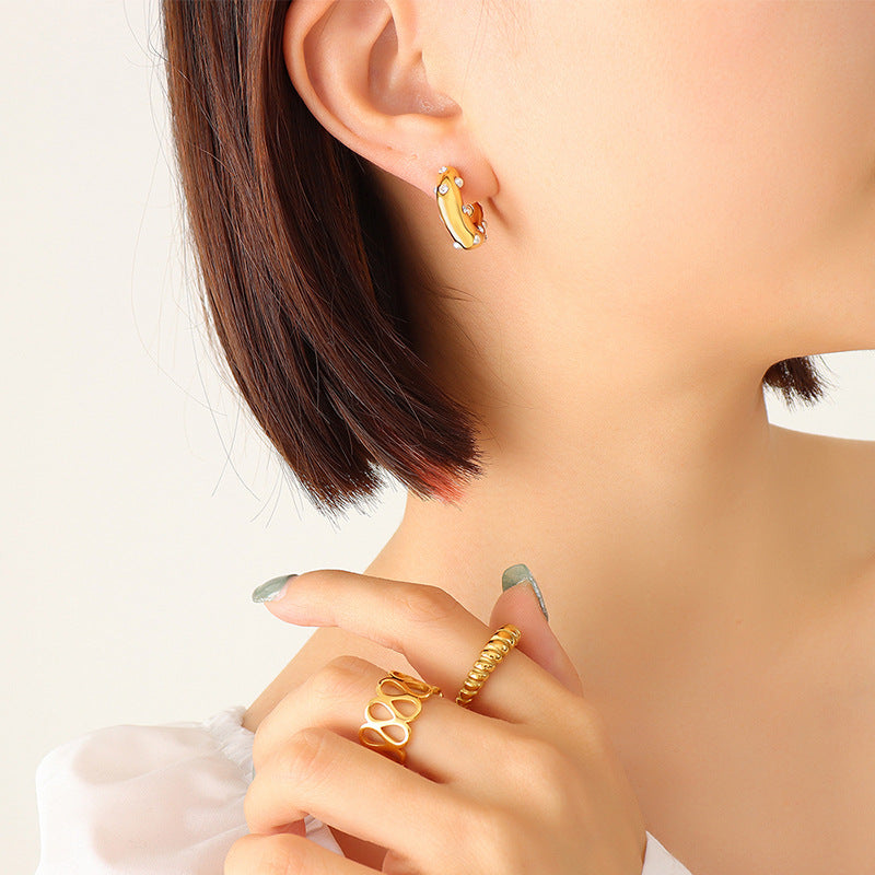 Stainless Steel Hoop Inlay CZ Imitation Pearl Earrings