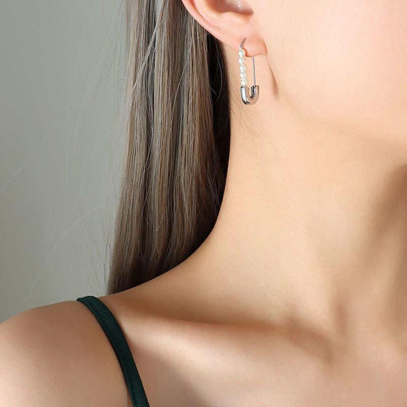 Stainless Steel Paper Clip Imitation Pearl Hoop Earrings