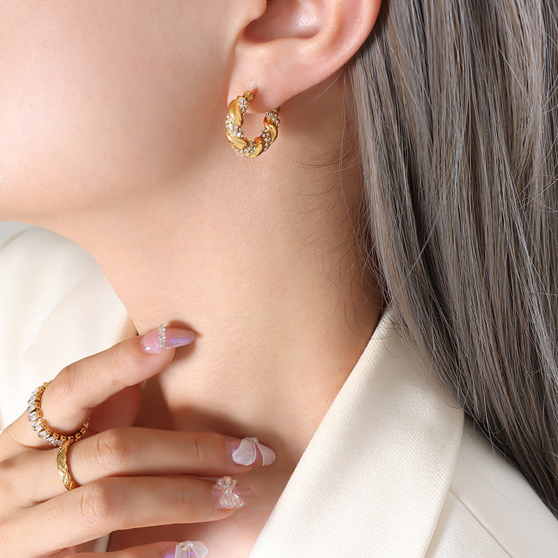 Stainless Steel Simple Twisted Shape Inlay CZ Hoop Earrings