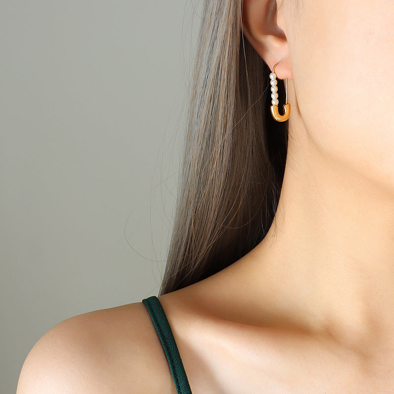 Stainless Steel Paper Clip Imitation Pearl Hoop Earrings