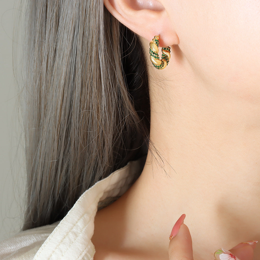 Stainless Steel Simple Twisted Shape Inlay CZ Hoop Earrings