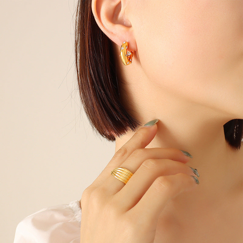 Stainless Steel Hoop Inlay CZ Imitation Pearl Earrings
