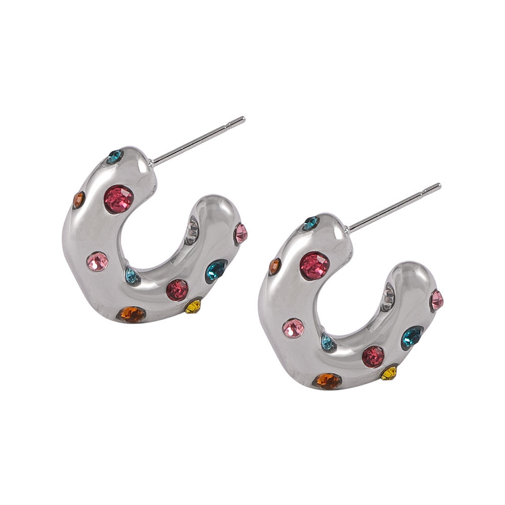 Stainless Steel Hoop Inlay CZ Imitation Pearl Earrings