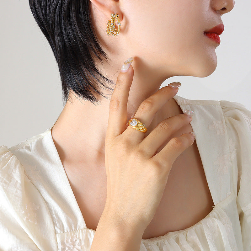 Stainless Steel Triple Twist Chain Inlay CZ Hoop Earrings
