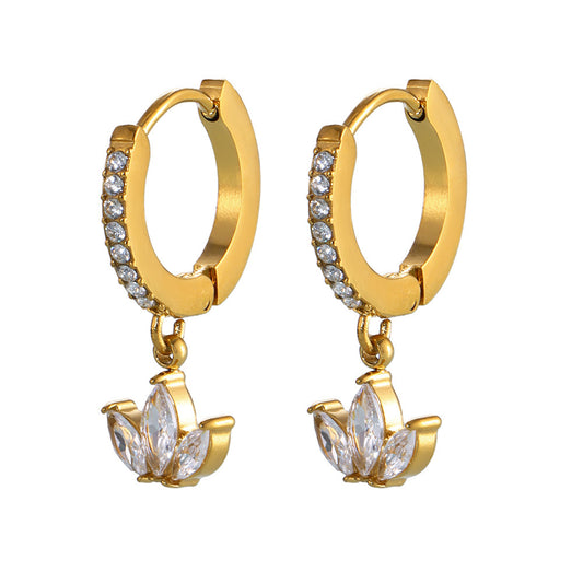Stainless Steel Clover Inlay Cubic Zirconia Drop Earrings