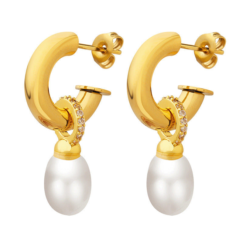 Stainless Steel Imitation Pearl Pendant Hoop Earrings