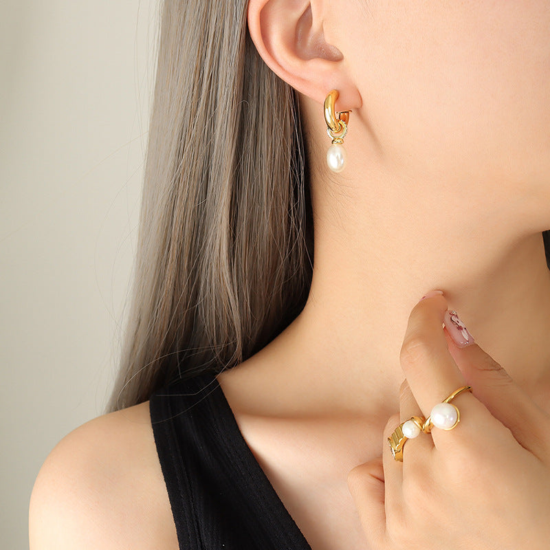 Stainless Steel Imitation Pearl Pendant Hoop Earrings