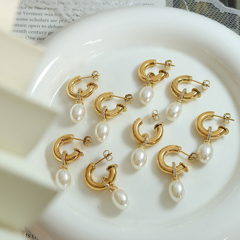 Stainless Steel Imitation Pearl Pendant Hoop Earrings
