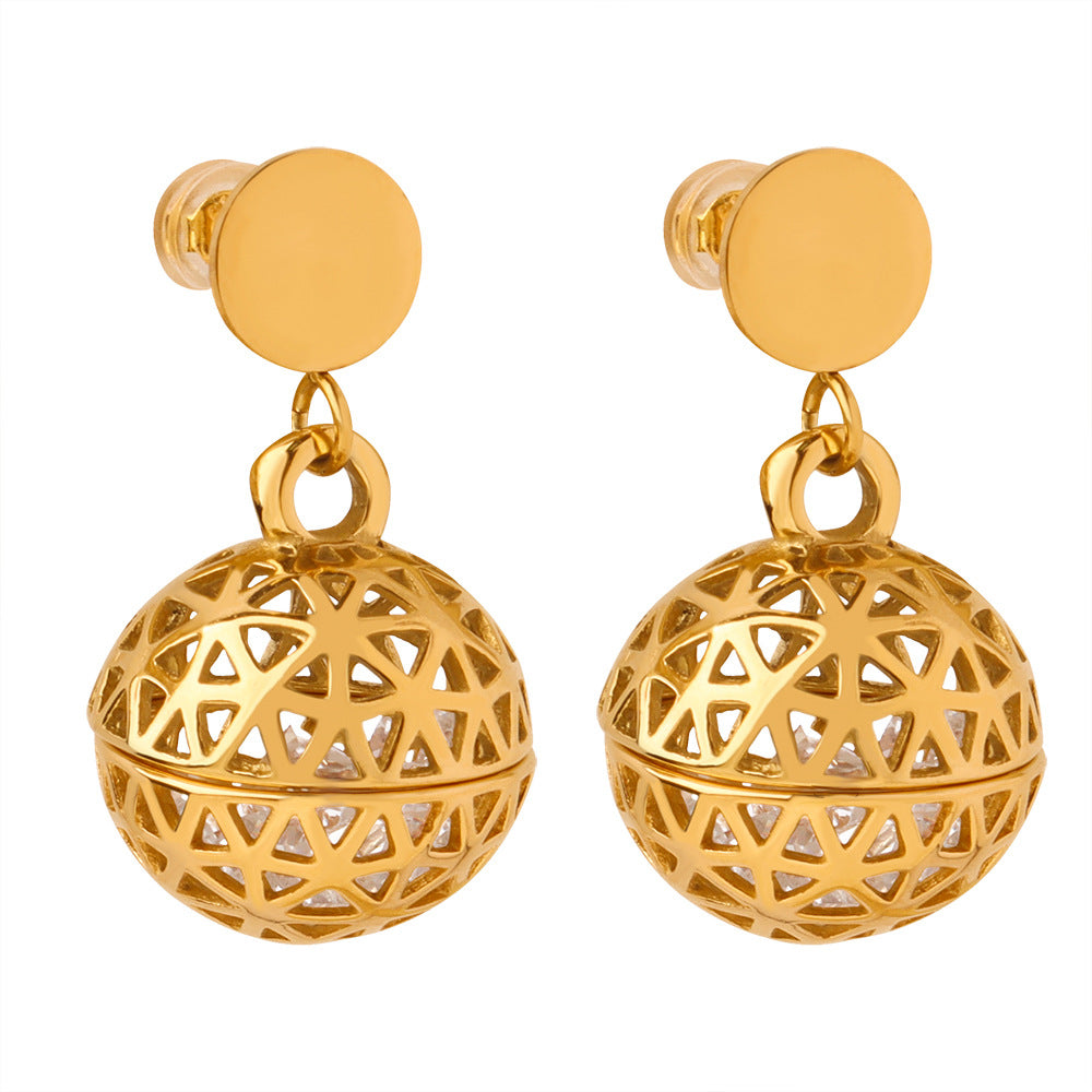 Stainless Steel Hollow Round Ball Inlay CZ Drop Earrings