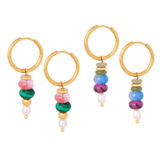 Stainless Steel Freshwater Pearl Natural Stone Beaded Drop Earrings
