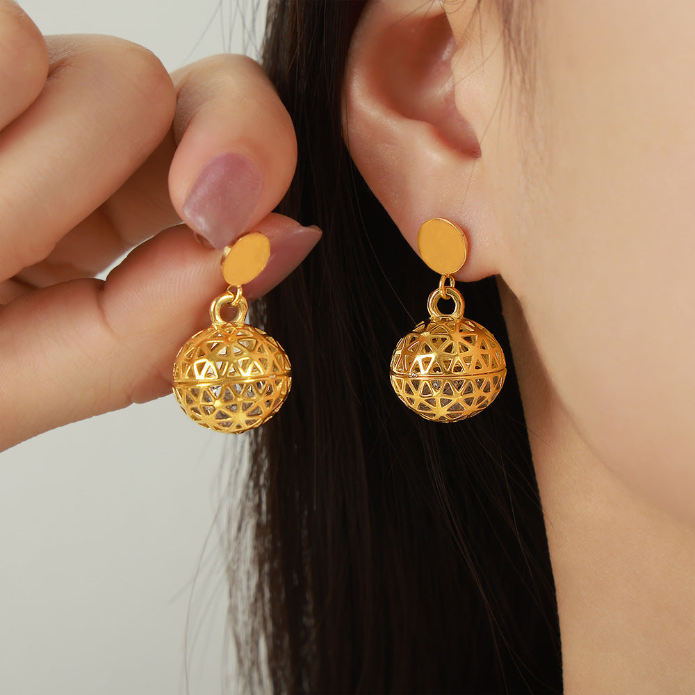 Stainless Steel Hollow Round Ball Inlay CZ Drop Earrings