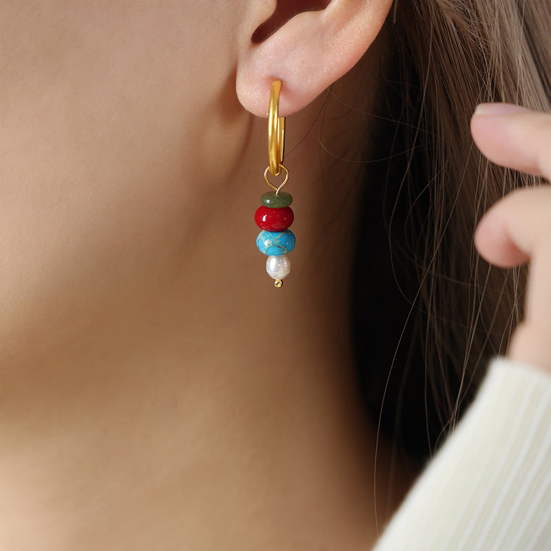 Stainless Steel Freshwater Pearl Natural Stone Beaded Drop Earrings
