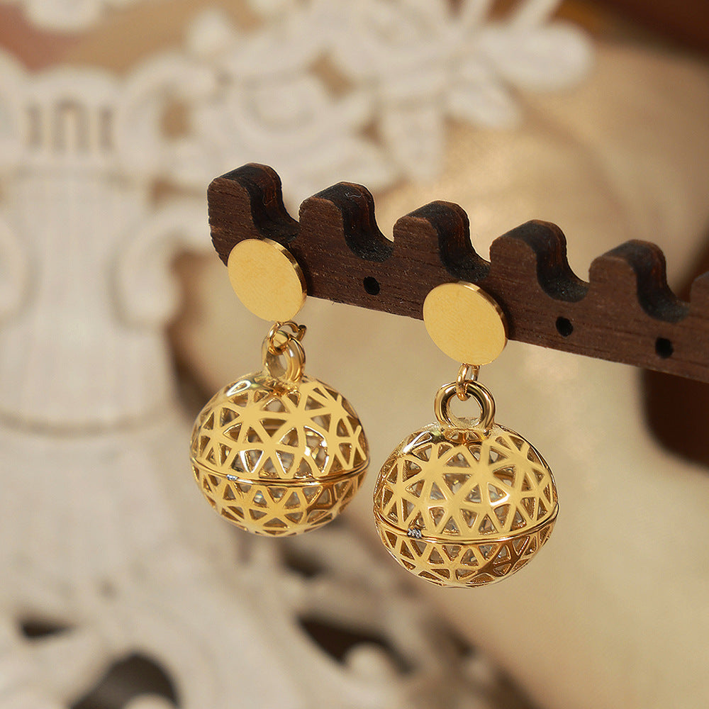 Stainless Steel Hollow Round Ball Inlay CZ Drop Earrings