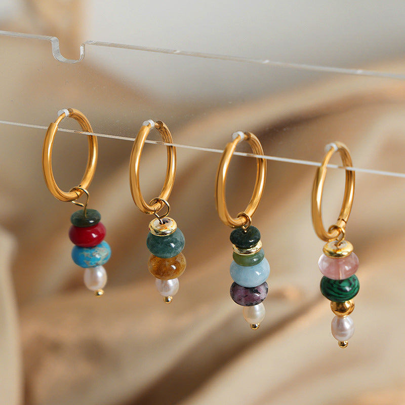 Stainless Steel Freshwater Pearl Natural Stone Beaded Drop Earrings