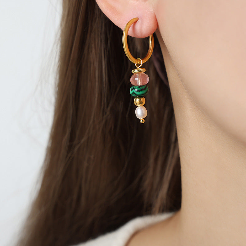 Stainless Steel Freshwater Pearl Natural Stone Beaded Drop Earrings